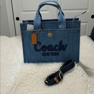 Coach Large Blue Denim Tote with Removable Navy Strap NWT